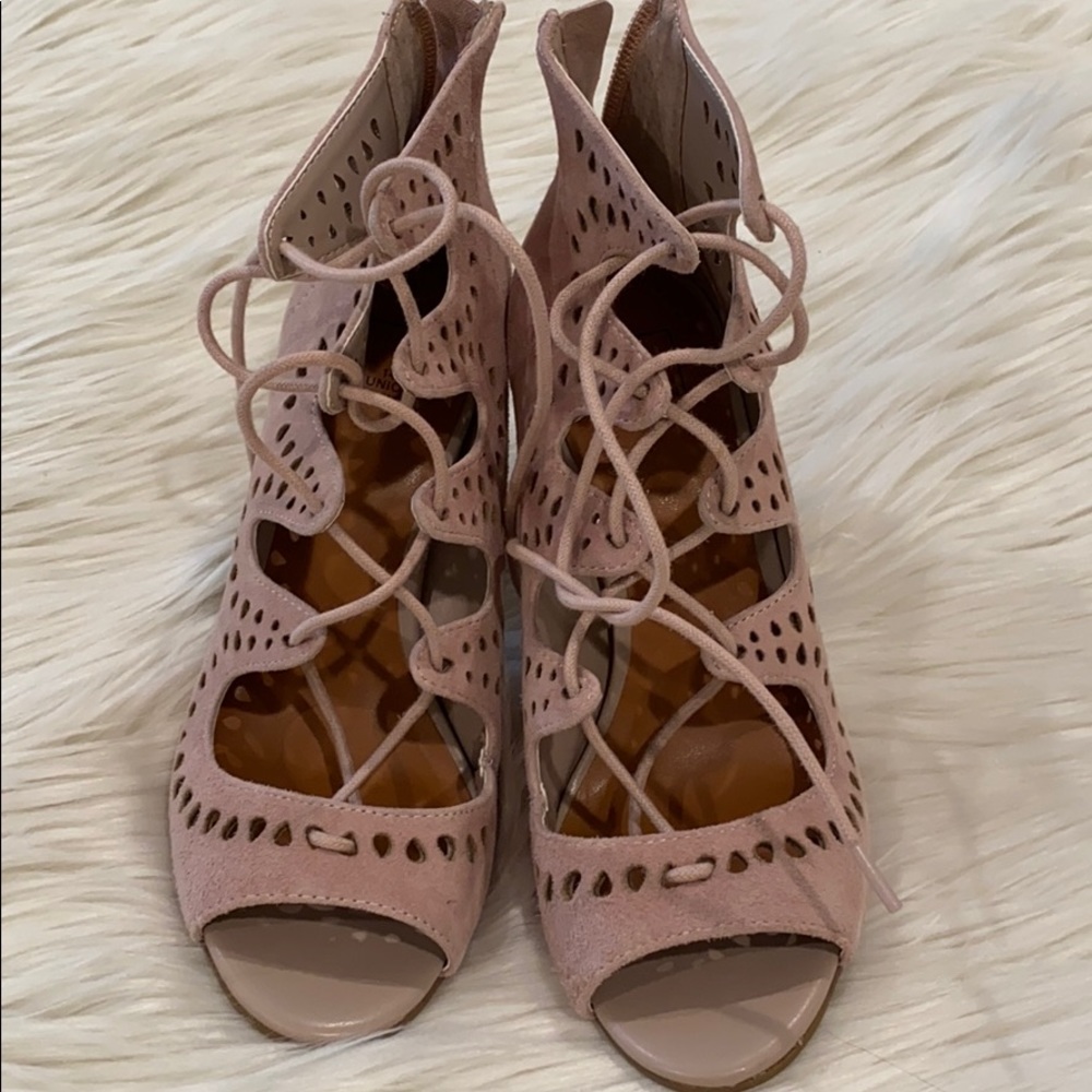 Blush suede strappy bootie